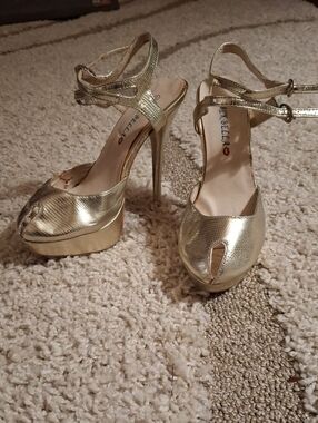 Gold Metallic Platform Peep-Toe Heels with Ankle Strap